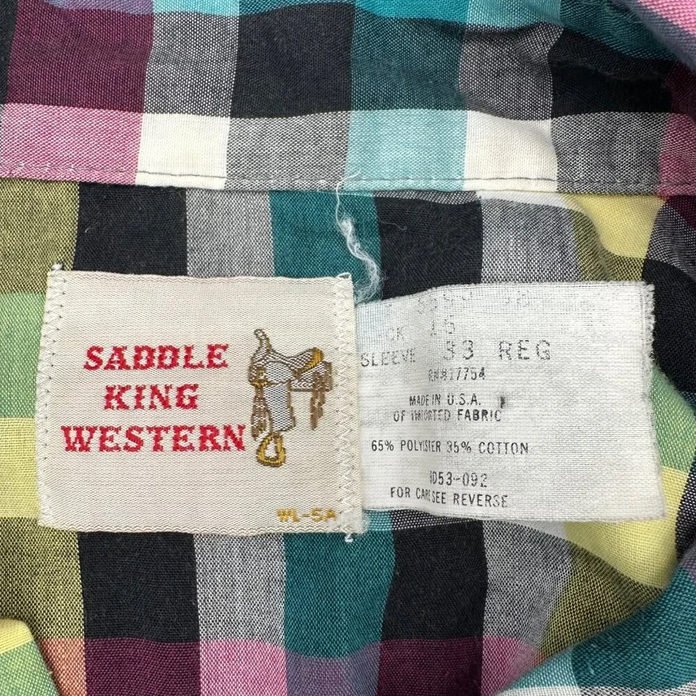 Vintage Saddle King Western Pearl Snap Plaid Shirt Cotton USA Made Teal Pink M/L - Picture 4 of 7